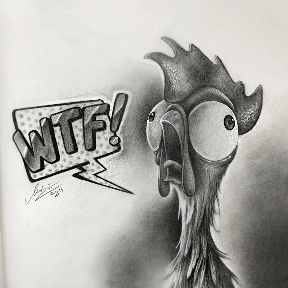 Bleistiftzeichnung: Hahn Heihei mit WTF-Sprechblase