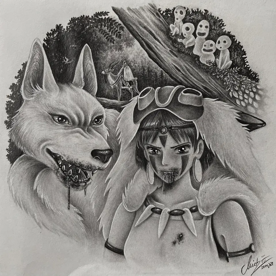 Bleistiftzeichnung von San und dem Wolf aus Prinzessin Mononoke