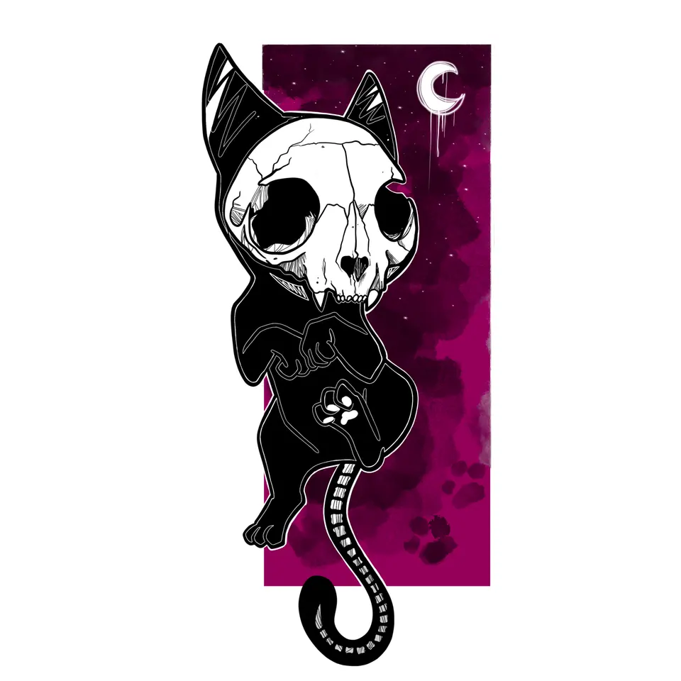 Schwarze Katze mit Schädel vor Magenta und Mond