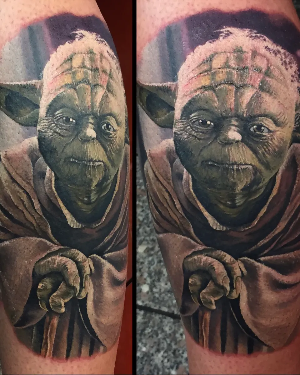 Meister Yoda als Realismus-Tattoo, Vorher und Nachher