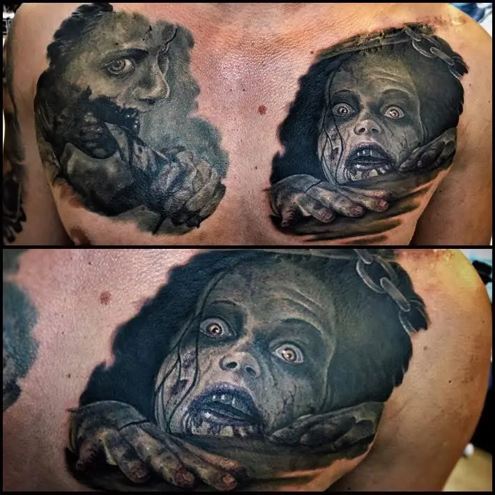 Horror-Tattoo mit verzerrten Gesichtern auf dem Rücken